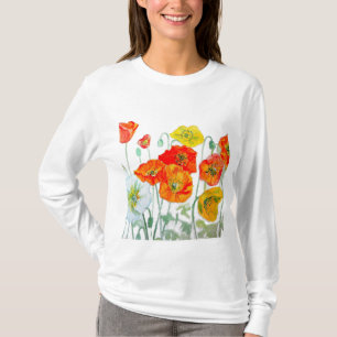 Sinaasappel Rode Klaproos Bloem Patroon Waterverf T-shirt