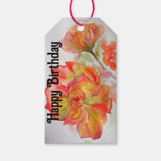 Sinaasappel Rode Roos Bloem Waterverf Vrouw BIrthd Cadeaulabel