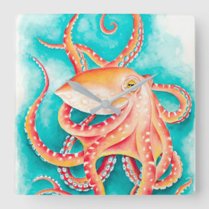 Sinaasappel Rode Tentacles Octopus Waterverf Vierkante Klok