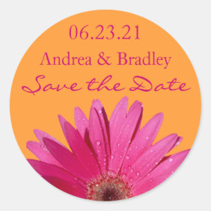 Sinaasappel Roze Gerbera Daisy Save the Date Stick Ronde Sticker