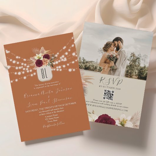Sinaasappel String Lights Bloemen Bruiloft QR Code Kaart