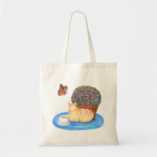 Sinaasappel Tabby Kat met Monarch Vlinder Kat kuns Tote Bag