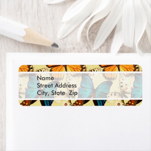 Sinaasappel & Turquoise Vlinders; Vlinderpatroon Etiket (Insitu)