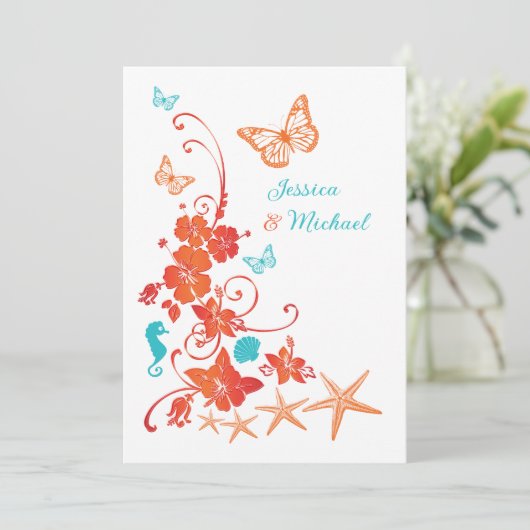 Sinaasappel, Turquoise, Witte Bestemmingsbruiloft Kaart (Staand voorkant)