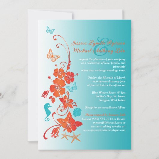 Sinaasappel, Turquoise, Witte Bestemmingsbruiloft Kaart (Achterkant)