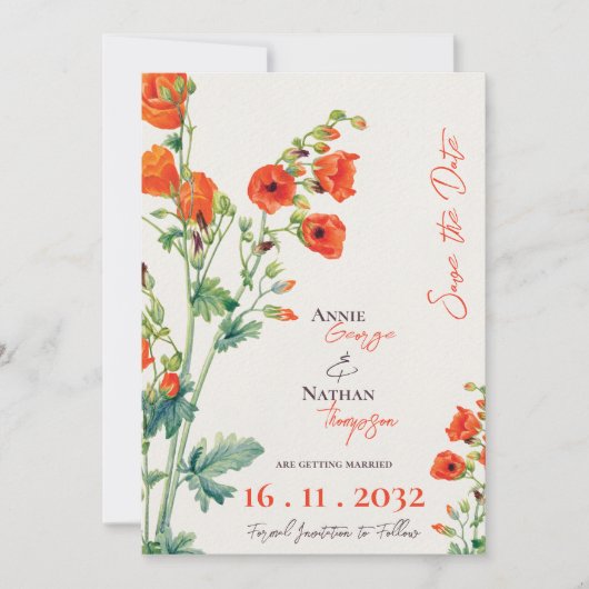Sinaasappel Wild Flower Script Wedding Save The Date (Voorkant)