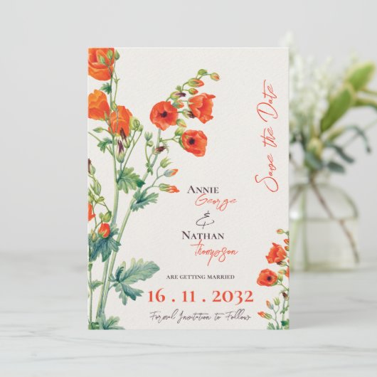 Sinaasappel Wild Flower Script Wedding Save The Date (Staand voorkant)