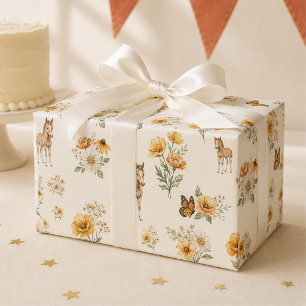 Sinaasappel Wilde Bloem Paard en Vlinder Patroon Cadeaupapier
