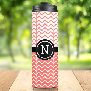 Sinaasappel Wit Chevron Patroon Monogram Sportief  Thermosbeker