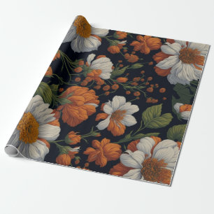  Sinaasappel wit sierlijke retro bloemen Cadeaupapier