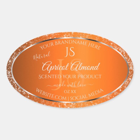 Sinaasappel Zilver met Glitter Initialen Productla Ovale Sticker (Voorkant)