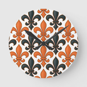 Sinaasappel Zwart Barok Fleur-de-lis Patroonontwer Ronde Klok