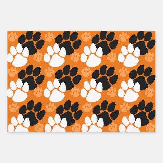 Sinaasappel, zwart en wit Pawprint Inpakpapier Vel (Voorkant 3)
