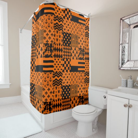 Sinaasappel Zwart Gemengde Patchwork Ontwerp Douchegordijn (In situ)