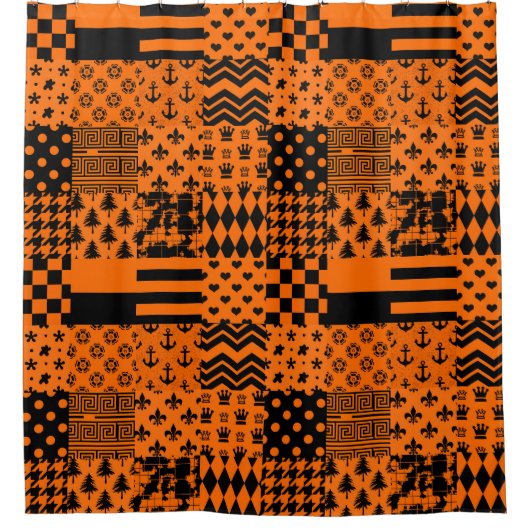 Sinaasappel Zwart Gemengde Patchwork Ontwerp Douchegordijn (Voorkant)