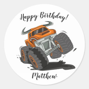 Sinaasappel Zwart Jongens Monstertruck Naam Verjaa Ronde Sticker