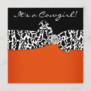 Sinaasappel Zwart Koeienprint Cowgirl Baby Shower Kaart