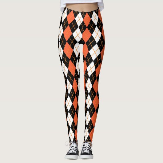 Sinaasappel Zwart Wit Argyle Diamond Design Leggings (Voorkant)