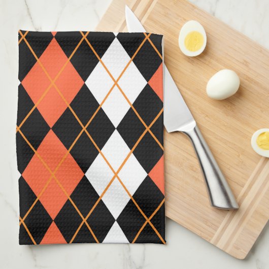 Sinaasappel Zwart Wit Argyle Diamond Design Theedoek (Quarter Fold)