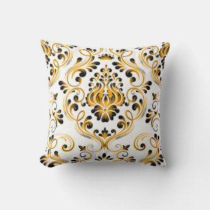 Sinaasappel Zwart Wit Damask Bloempatroon Elegant Kussen