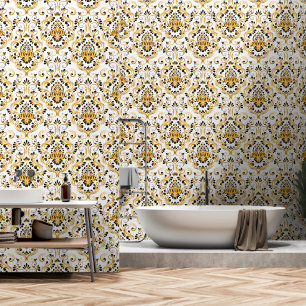 Sinaasappel Zwart Wit Damask Bloemschil en stok Behang