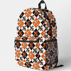 Sinaasappel Zwart Wit Geruit Fleur-de-lis Design Bedrukte Rugzak
