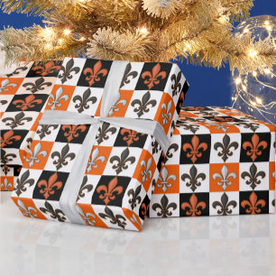 Sinaasappel Zwart Wit Geruit Fleur-de-lis Design Cadeaupapier
