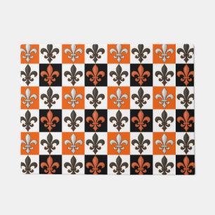 Sinaasappel Zwart Wit Geruit Fleur-de-lis Design Deurmat