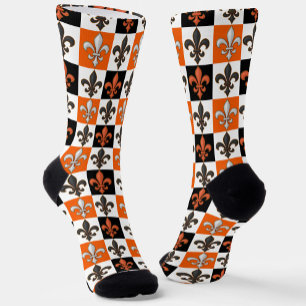 Sinaasappel Zwart Wit Geruit Fleur-de-lis Design Sokken