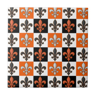 Sinaasappel Zwart Wit Geruit Fleur-de-lis Design Tegeltje