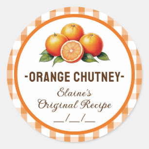 Sinaasappelchutney-etiket met geruit ontwerp ronde sticker