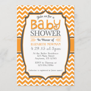 Sinaasappelgrijze Chevron babyshower uitnodiging