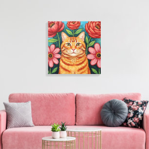 Sinaasappelkat Volkskunst Bloemen Canvas Afdruk