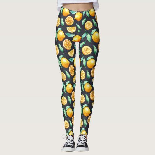 Sinaasappels Citroenen Groene Bladeren Zwart Leggings (Voorkant)