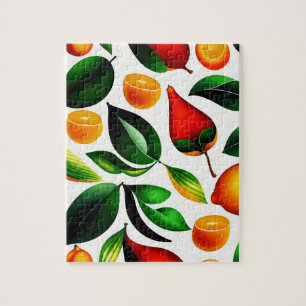 Sinaasappels en rood fruitpatroon met groene Plant Legpuzzel