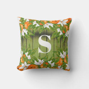 Sinaasappels Fruit Land Herfst Groen Hout Monogram Buitenkussen