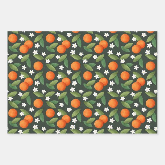 Sinaasappels, groene bladeren en witte bloemen inpakpapier vel (Voorkant 2)