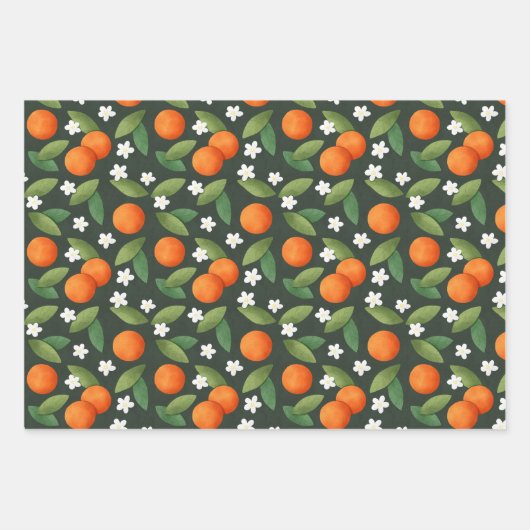 Sinaasappels, groene bladeren en witte bloemen inpakpapier vel (Voorkant)