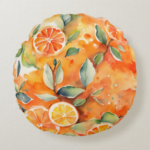 Sinaasappelschijfjes Verse Aquarel Citrus Ontwerp Rond Kussen