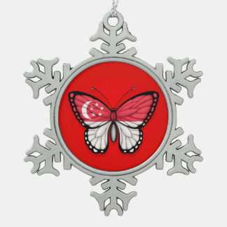 Singapore Butterfly vlag op rood Tin Sneeuwvlok Ornament