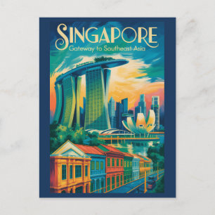 Singapore Silhouette Illustratie Reis Kunst Vintag Briefkaart