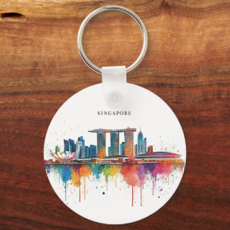 Singaporese stadsretro waterverf Skyline Sleutelhanger
