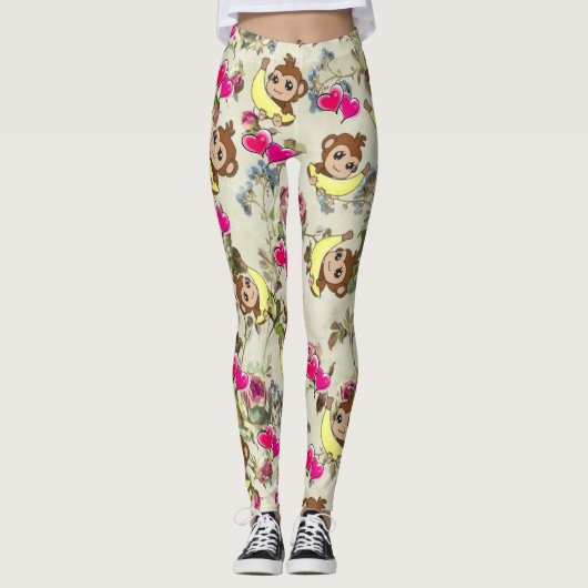 Singes Bananes Coeurs roses Leggings floraux (Devant)