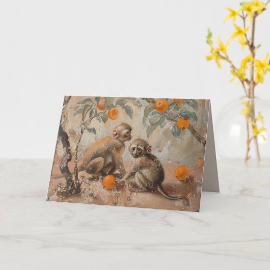 Singes - Carte de vœux pliée (Fleur jaune)