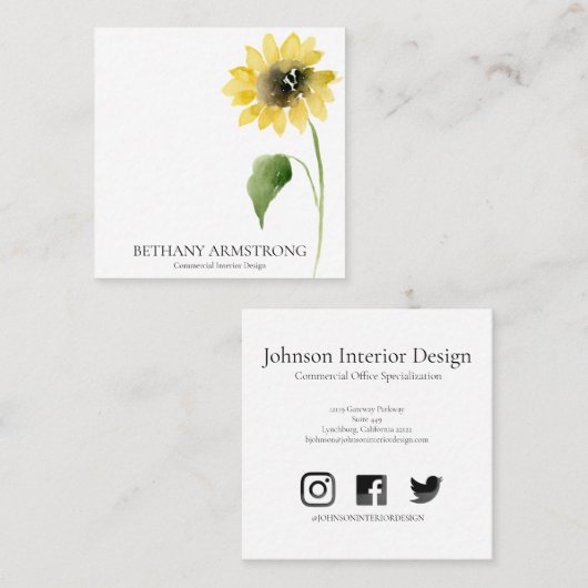 Single Black & White Zonnebloem Stem II Vierkante Visitekaartje (Voorkant / Achterkant)