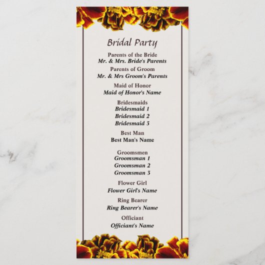 Single French Marigold Wedding Programme Programma (Achterkant)