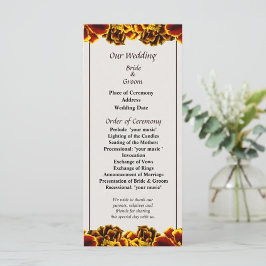 Single French Marigold Wedding Programme Programma (Staand voorkant)