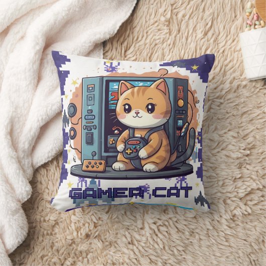 Single Schattigee Gamer Cat Blauwe Print Kussen (Deken)
