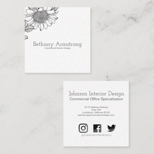 Single zwart en wit zonnebloem stengel Visitekaart Vierkante Visitekaartje (Voorkant / Achterkant)