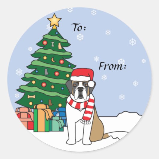 Sint Bernard en Kerstboom Ronde Sticker (Voorkant)